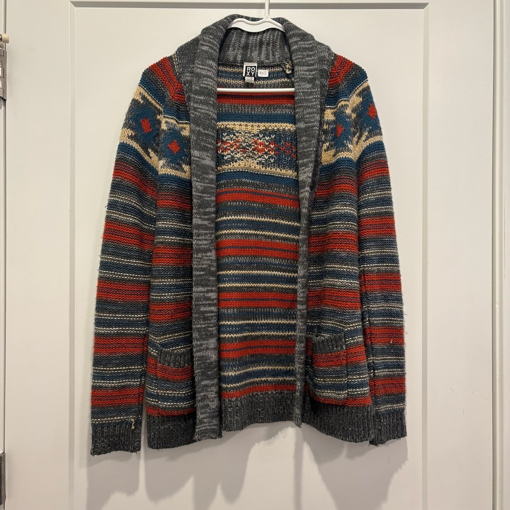 Roxy Womens Southwestern Shawl Collar Open Front Cardigan Sweater Grey Red Small